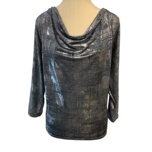 CAZZA ZACKS METALLIC SILVER/ BLUE DRAPED NECK/ 3/4 LENGTH SLEEVE BLOUSE/ Size L